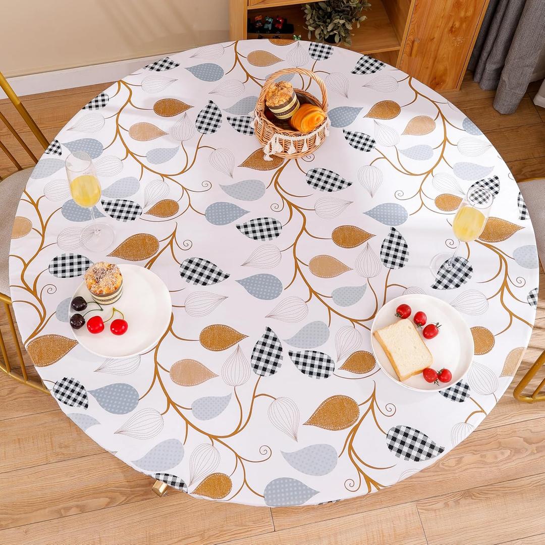 Tablecloth Circular Vinyl-Lined Flannel Tablecloth with Elastic Edge Design, Waterproof, Oil Resistant, wipeable and Reusable (Leaves, for Up to 36-44 Inch Round Table)