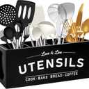 Extra Large Utensil Holder - 4 Compartments Kitchen Utnesil Organizer, Wooden Cooking Tool Crock for Kitchen Countertop, Counter Decor (Black-4)