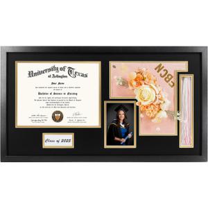 GraduationMall Class of 2025 Graduation Shadow Box Frame for 8.5x11 Diploma & 4x6 Photo with Graduation Cap & Tassel Holder Wood Display Case (15x27-Black Mat)