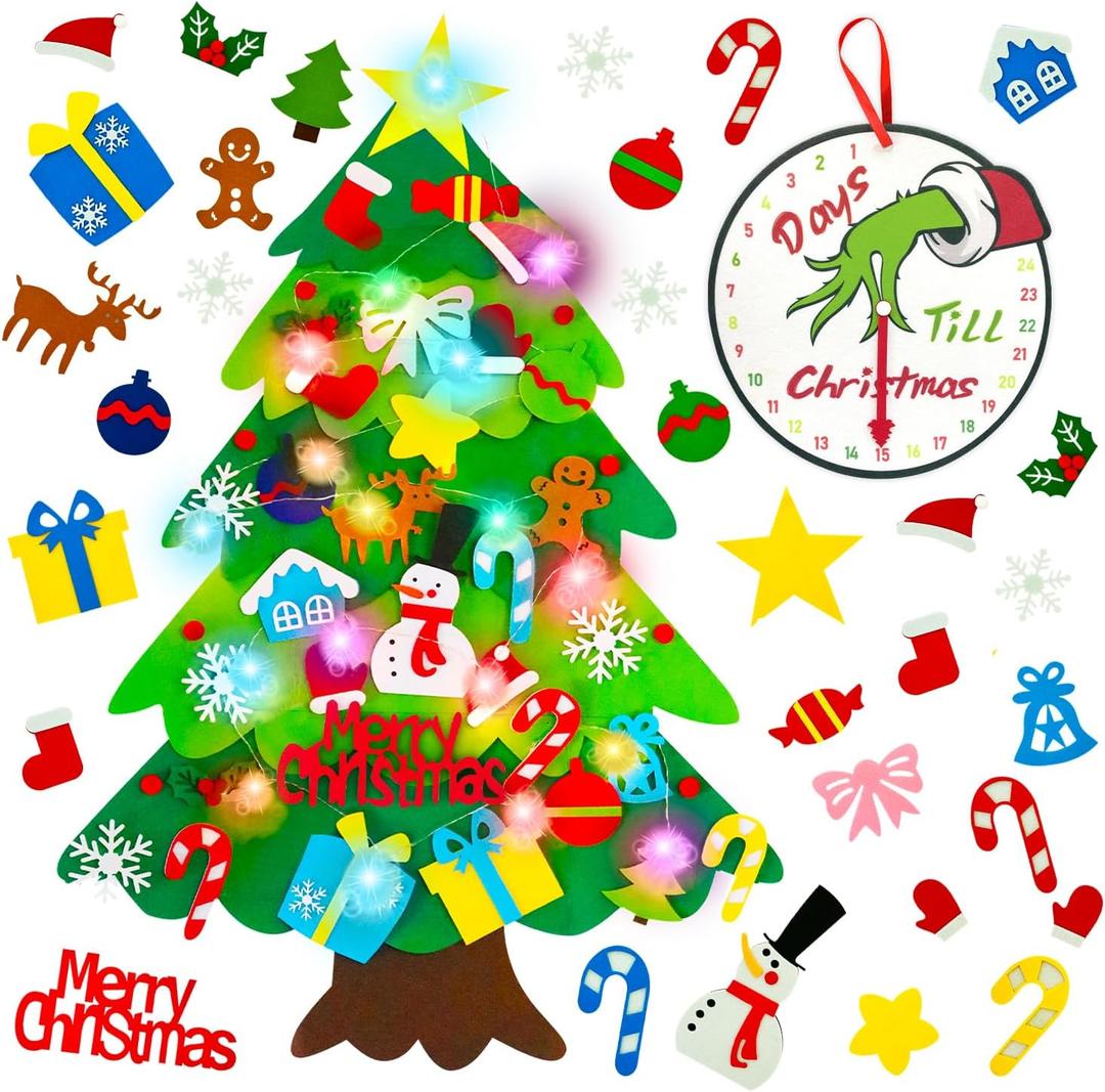 Felt Christmas Tree for Toddlers, 3.3 FT Felt DIY Tree Set for Kids Wall with Lights + Green Hand Advent Calendar + 32 Ornaments, Indoor Christmas Home Decorations Decor, Xmas Activities Presents, Colorful