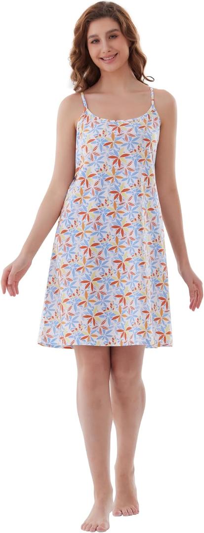 Nightgowns for Women, Women's Sleepwear Lightweight Cotton Nightdress, Crew Neck Sleepshirt Sleeveless Loose Fit (Medium, Blue and Orange)