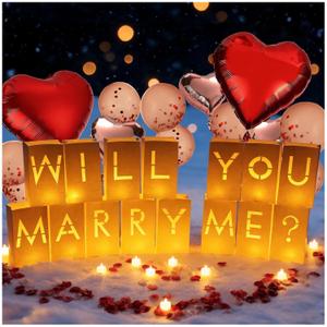 Will You Marry Me Light Up Letters Luminary Bags with Tea Lights Candles, Latex Balloons, Aluminum Balloons and Rose Petals Proposal Anniversary and Valentines' Day Decorations