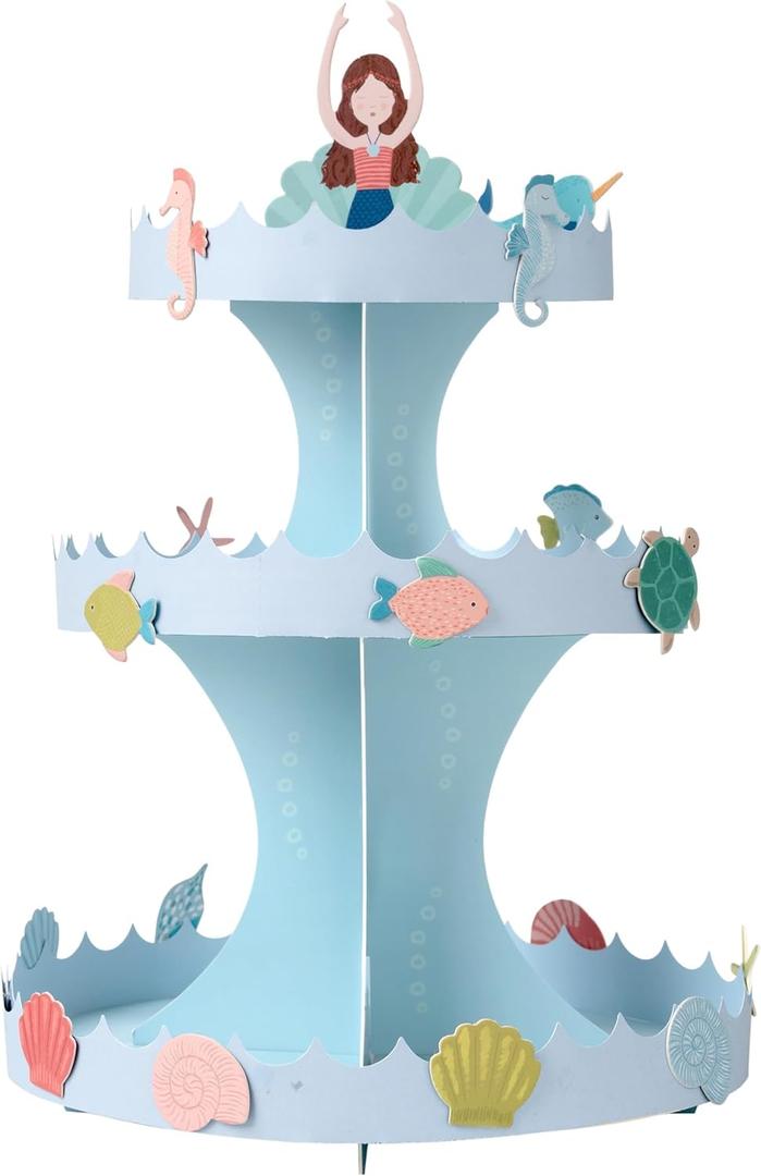 Cheerland Mermaid Cupcake Stand Birthday Party Decorations 3 Tier Under The Sea Cake Holder Dessert Tower for Kids Little Mermaid Ocean Theme Bday Baby Shower Beach Picnic Table Decor Supplies