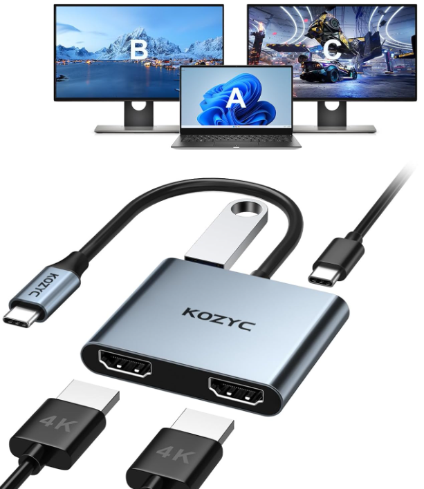 USB C to Dual HDMI Adapter 4K@30Hz, KOZYC USB C Hub Multiport Adapter with 2xHDMI, USB 3.0, 100W PD, Support USB C to HDMI Splitter Extended Display for MacBook Pro (MST is not Supported on MacOS)