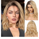 HAIRCUBE Synthetic T Lace Front Wig,Side-Parted Glueless Lace Wigs for Women, 16-Inch Shoulder Length Wavy Style for Daily Wear, Party & Date (Ombre Golden Blonde)