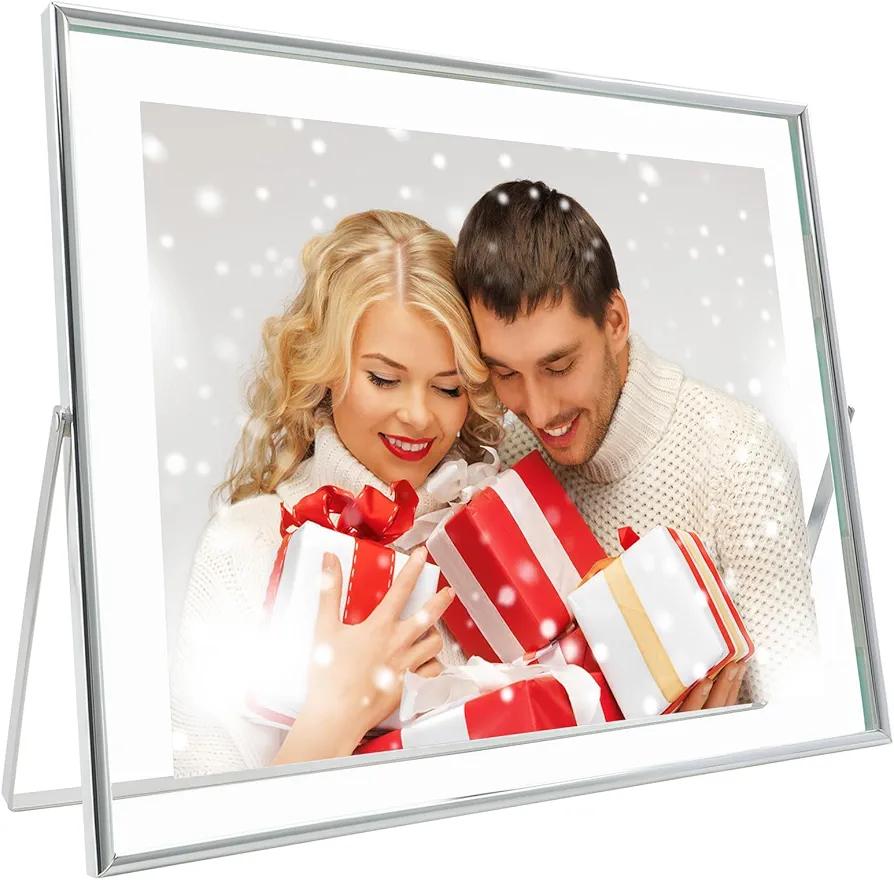 Silver Floating Frame, 10"x12", Horizontal, For Picture 8.5x11, 8x10, 7x9, Tabletop Metal Photo Frame, Classy Gift For Anniversary, Wedding or Birthday. back glass is broken