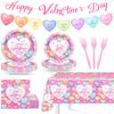 Valentines Day Party Decorations Pink Happy Valentine's Day Plates Napkins Tablecloth Conversation Hearts Banner Valentines Party Supplies Serve 24