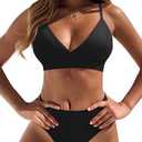 OQQ 2 Piece Bikini Set V Neck Popular Swimsuit High Waisted 2026 Summer Beach Swim Bathing Suits Black, Medium