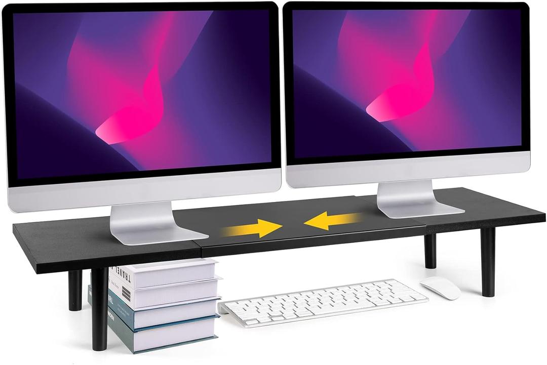 Dual-Monitor-Stand-Riser-For-Desk Adjustable Length 32-40 InchLarge Desktop Computer Monitor Riser For 2 ScreensDesk Shelf Organizer Riser Stand For Computer/Laptop/PC/Printer/TV Black