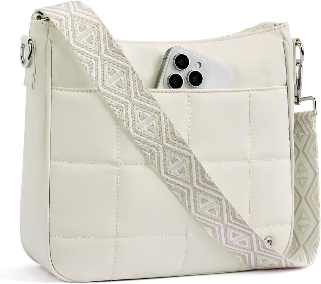 Anti Theft Crossbody Bags for Women, Quilted Puffer Travel Purses Shoulder Hobo Bag Handbag with Guitar Strap (Beige)