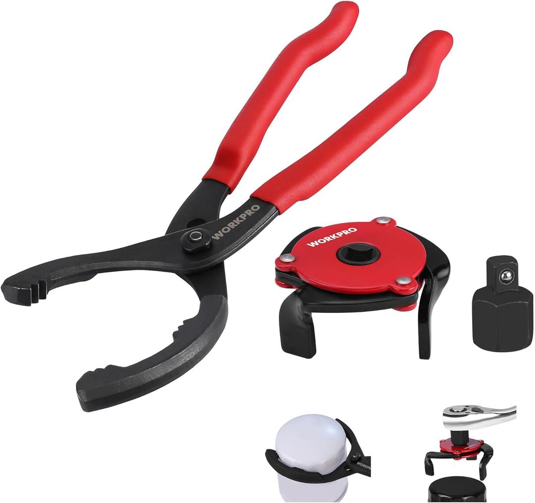 WORKPRO 2-Piece Oil Filter Wrench Set, 12 Adjustable Oil Filter Plier & 3-Jaw Universal Oil Filter Removal Tool, for Easy Oil Changes, Ideal for Car, Motorcycle, Truck Maintenance & Home Garage Use