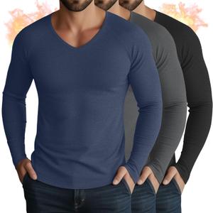 3 Pack Men's Thermal Shirts Big and Tall Fleece Lined Long Sleeve V Neck Base Layer Raglan Curved Hem Warm Tops (XXL)