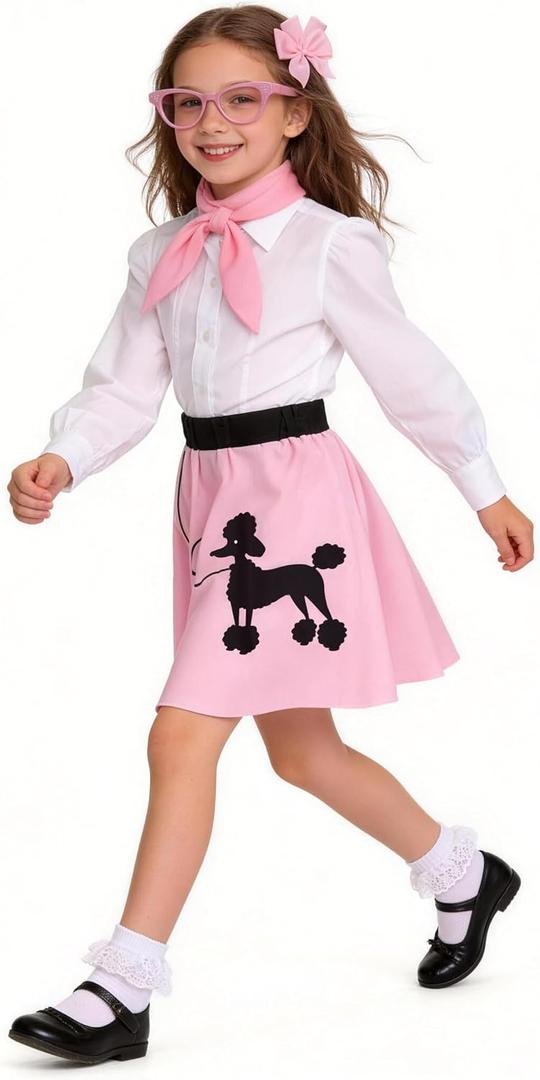 Poodle Skirt for Girls, 50s Outfit for Girls, 5pcs 1950’s Sock Hop Costume for Party Career Day Birthday Gifts 8-10
