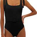 Saodimallsu Womens Sexy One Piece Bathing Suit High Cut Knit Square Neck Tied Strappy Swimsuit with Belt (Large, Black)