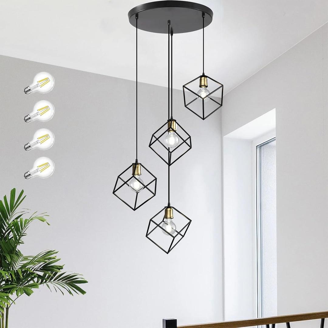 4-Light Long Pendant Light,Modern Large Foyer Chandelier,Black Metal Cage,78" Long Light Fixture for High Ceilings Entryway Foyer Staircase,LED Bulbs Included