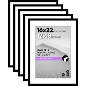 Americanflat 16x22 Picture Frame with Polished Plexiglass - Set of 5 - Use as 12x18 Frame with Mat or Display 16x22 Photo Without Mat - Galleria Collection - Picture Frames for Wall Display - Black