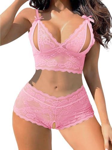 Lilosy Sexy Cupless Women Floral Lace Pajamas Lingerie Set High Waist Nightwear Sleepwear Bow Ties Bra and Panty 2 Piece (Pink, S)