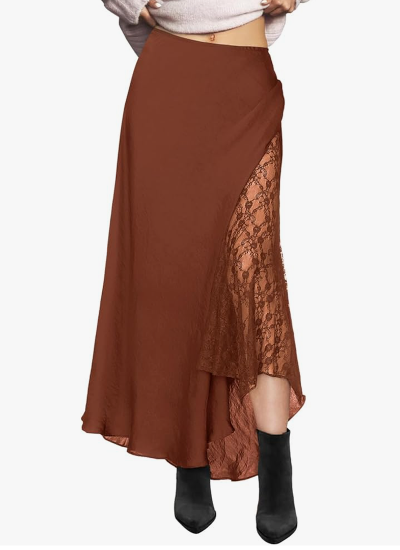 Womens Satin Skirts for Women Elegant A-line Cocktail Long Skirt High Waist Side Split Splicing Lace Midi Skirt S