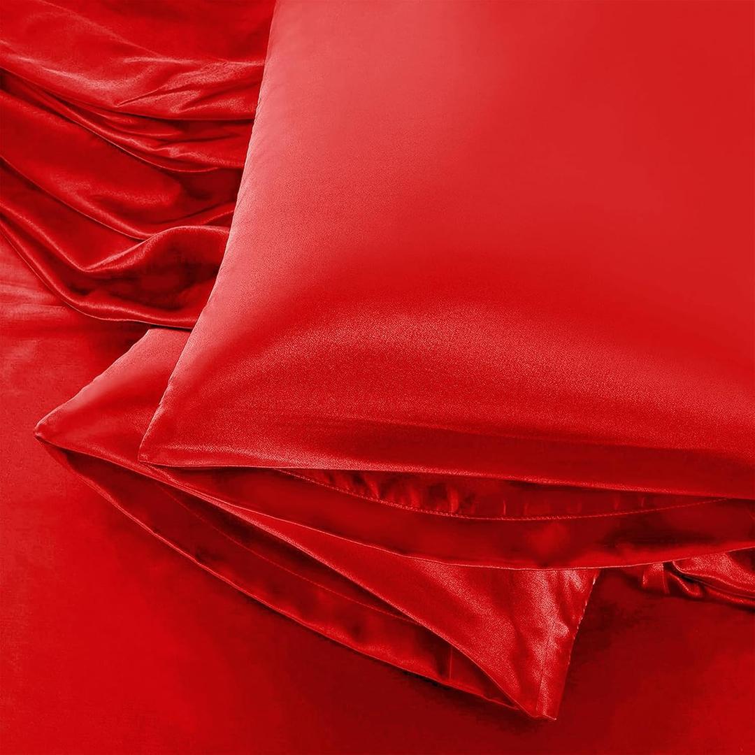 Aormenzy Satin Pillow Cases for Women Queen Size Set of 2, Red Satin Pillowcase for Hair with Envelope Closure Silky Pillow Covers Wrinkle, Fade Resistant (20x30 Inches)