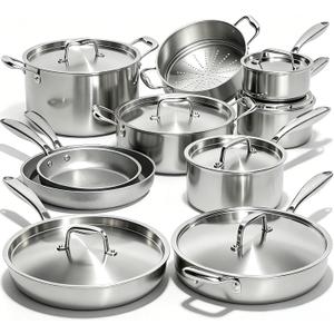 Umite Chef 17Pcs 5 Ply Clad Stainless Steel Cookware Set with Lids, Heavy Duty Pots and Pans Kitchen Set, Induction-Ready, Dual Aluminum Core for Even Heat, Cool Grip Handles, Dishwasher Safe, Large