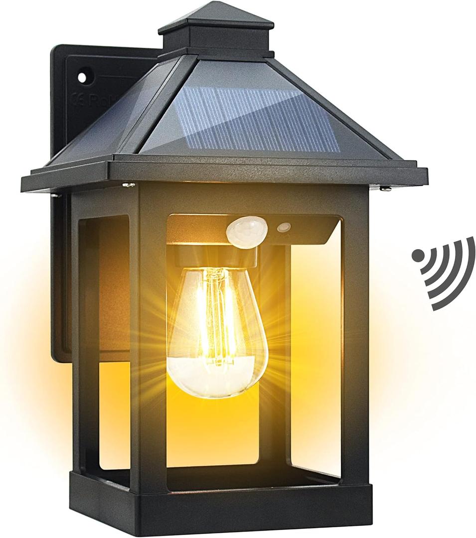 CYHKEE Solar Powered Wall Lanterns Outdoor with 3 Modes, Dusk to Dawn Motion Sensor LED Sconce Lights Waterproof, Exterior Front Porch Security Lamps Wall Mount Patio Fence Decorative Light Fixtures (Black (1 Pack))