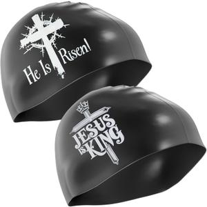 Faith-Based Silicone Swim Cap - Jesus is King & He is Risen Religious Swim Cap for Adults & Kids - Waterproof, Durable, Comfortable - Swimming Cap