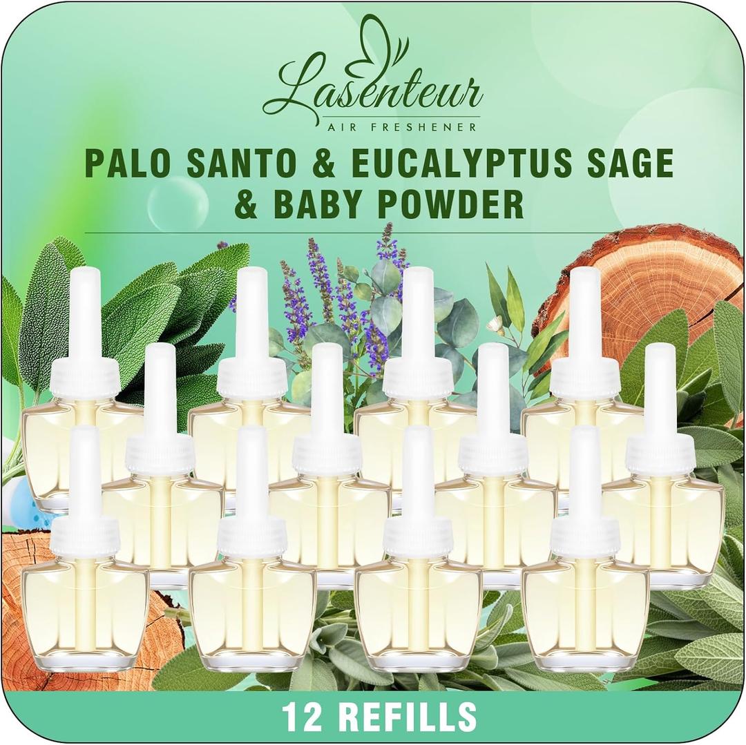 Plug In Air Freshener Refills - Palo Santo & Eucalyptus Sage, Baby Powder Scent For Home & Bathrooms, Office, 12 Count Fragrance Refills, Compatible with Air Wick & Glade, Not Include Glade Plus