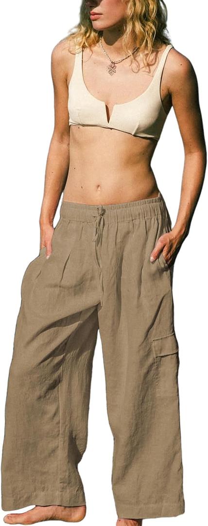 Women Linen Beach Pants Lightweight Cargo Sweatpants Wide Leg Elastic Waist Palazzo Pants Cover Up with Pockets (Small, Khaki)