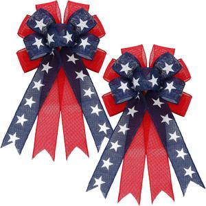 Cindeer 2 Pieces Patriotic Wreath Bow Independence Day Red White and Blue Star Burlap Topper Bows Large Independence Day Decorative Topper Bow Star Burlap Large Bows for 4th of July Party