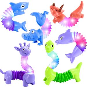 Animals Fidget Toys for Toddlers: 6 Pack LED Animal Pop Tubes for Kids 2 3 4 5 6 7 Year Old Girls Boys Birthday Gifts Autism Sensory Toy for Kid Age 3-5 Tube Light Up Party Favors