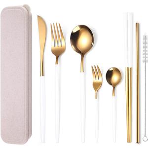 AARAINBOW 8 Pieces Stainless Steel Flatware Set Portable Reusable Cutlery Set Travel Utensils Set Including Chopsticks Knife Fork Spoon Straws Cleaning Brush Dishwasher Safe (White Golden)