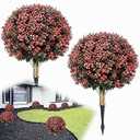 Set of 2 Artificial Boxwood Topiary Trees Outdoor, 24.5'' Red Fake Ball Tree Bushes with Spikes, Faux Plants UV Resistant Evergreen for Home Indoor Pathway Porch Garden Yard Decor
