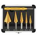 COMOWARE Step Drill Bit Set 5-Piece Titanium-Coated with Automatic Center Punch - Short Length, Double Cutting Blades, High-Speed Steel - Covering 50 Sizes, Complete with Aluminum Case