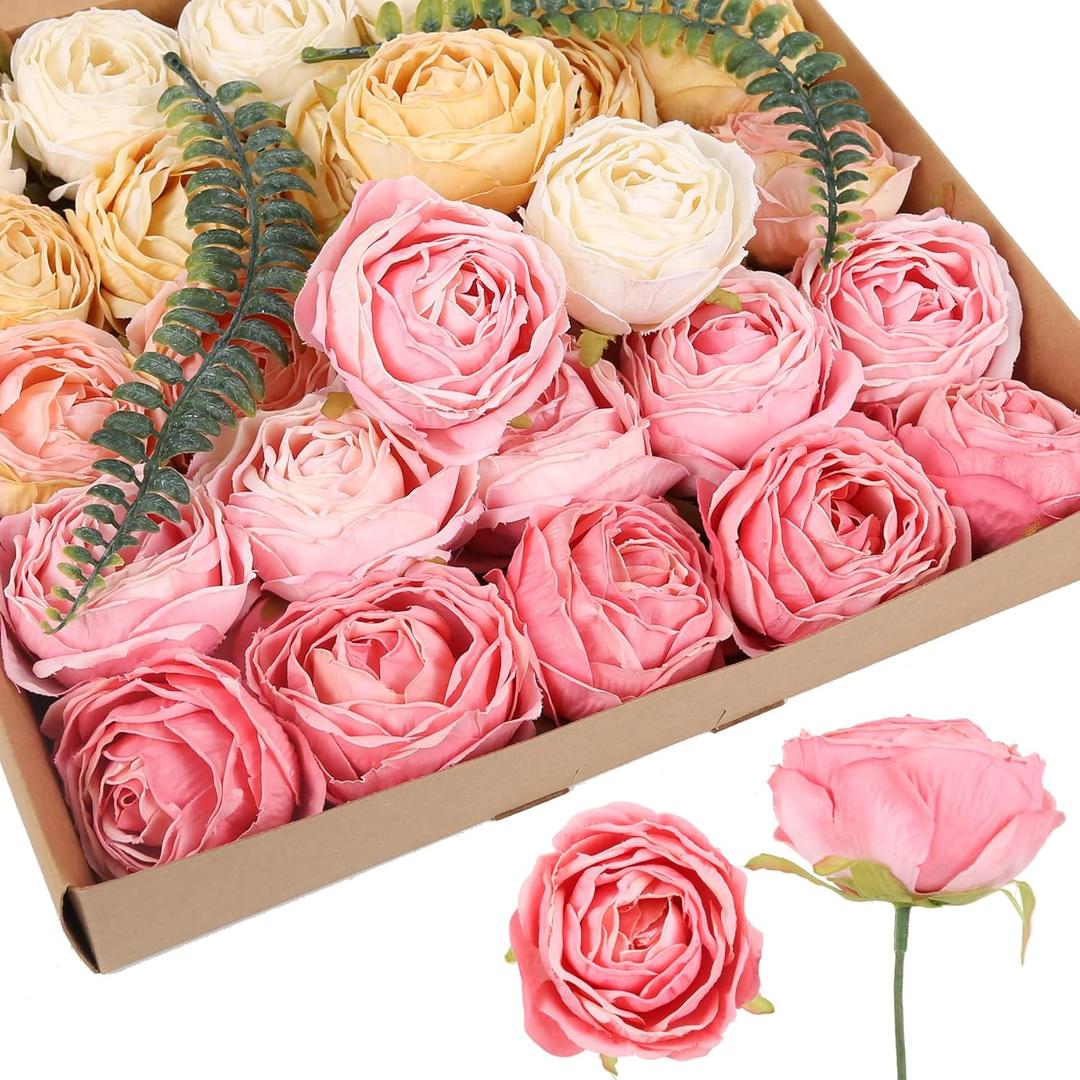 IPOPU Colorful Fake Rose Heads 25pcs Pink Silk Roses Artificial Flowers Combo White Fake Flowers for Rose Centerpieces for Tables Head Table Wedding Decorations Floral Centerpieces (Watermelon) (Shades of Watermelon)