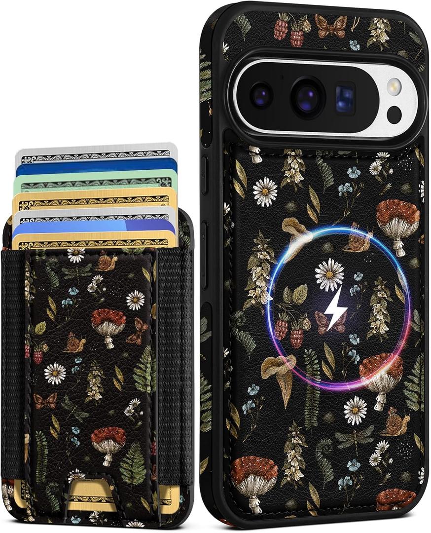 Shorogyt for Google Pixel 9Pro XL Cute Kawaii Leather Phone Case - Compatible with Magsafe Wallet Magnetic Credit Card Holder Fashion Mushroom Design Phone Cover for Women Girls, Fits 7 Cards