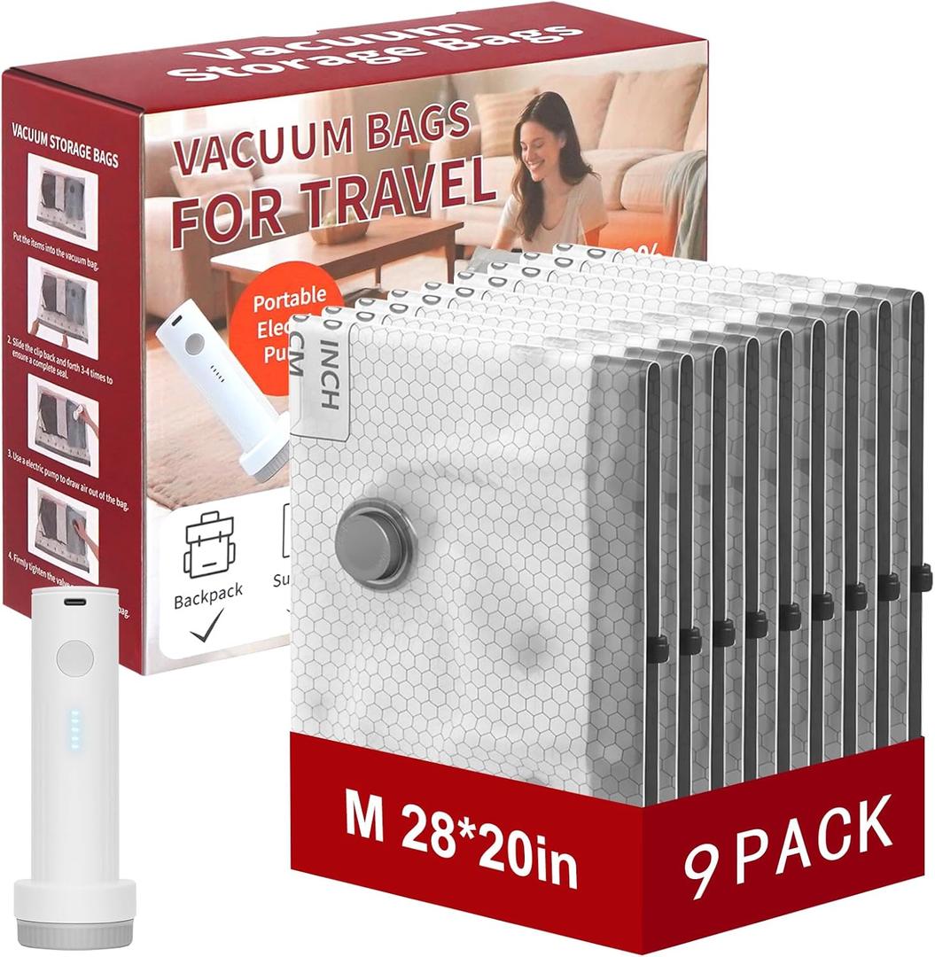 Rechargeable Wireless Pump Travel Vacuum Storage Bags Set, 9 Pack (9M) Portable Space Saver Bags for Travel & Home, Vacuum Compression Packing Seal for Clothes, Blankets, Home Seasonal Storage Bags