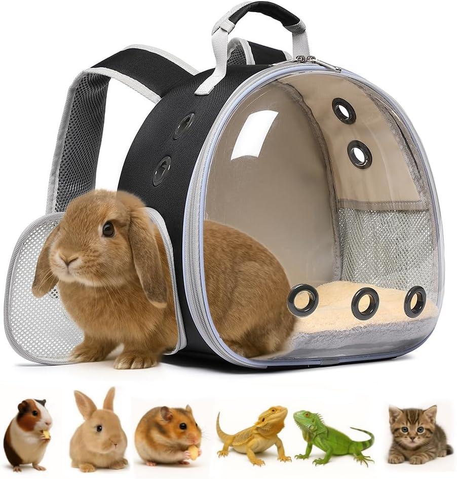 Bunny Carrier, Guinea Pig Carrier,Small Animal Carrier Backpack for Rabbit,Bearded Dragon, Lizard,Hamster,Kitten, Breathable Pet Travel Cage Bag Perfect for Vet Visits & Outdoor Adventures (Black)