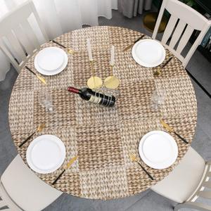 Pioggia Round Vinyl Fitted Tablecloth with Flannel Backing Elastic Table Cloth Waterproof Oil-Proof Plastic Table Cover Best for 37"-44" Round