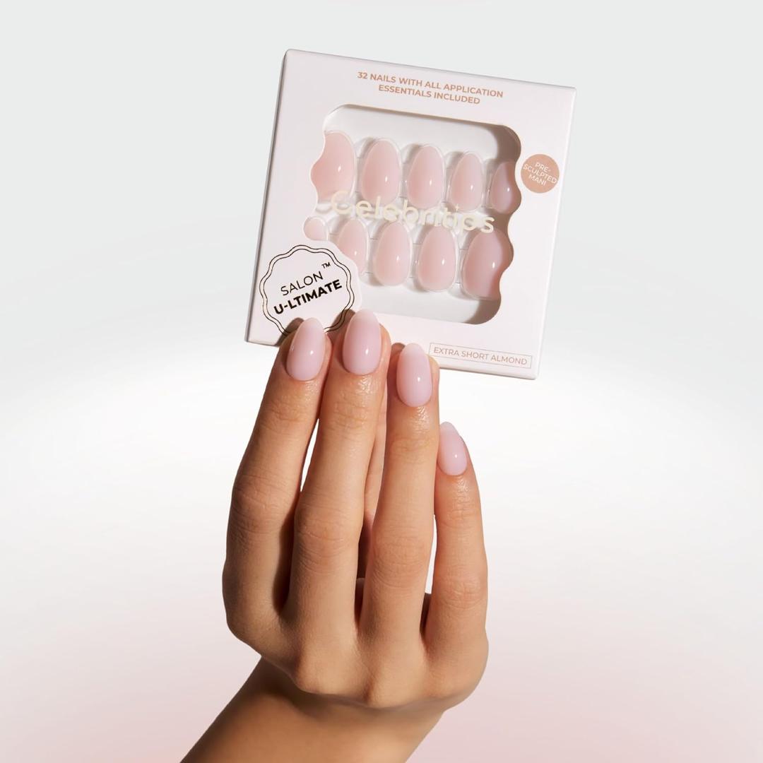 Celebritips Press On Nails - Salon U-ltimate | Bare Milk, Extra Short Almond Nails, Reusable | 16 sizes - 32 Nails Kit with Glue and Sticky Tabs