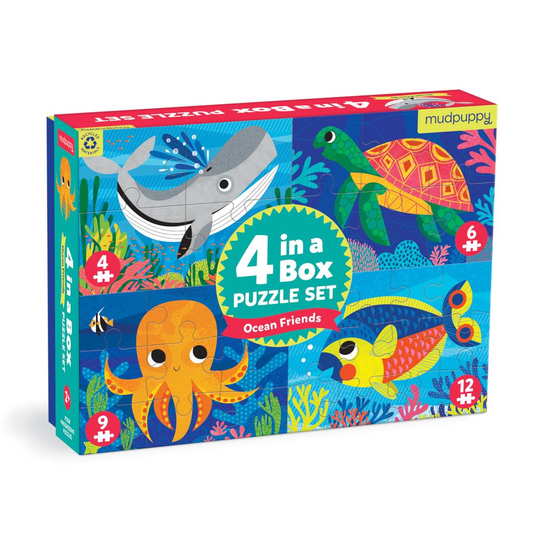Mudpuppy Ocean Friends 4-in-a-Box Puzzle Set – Includes 4 Fun Jigsaw Puzzles for Kids with 4-12 Pieces – Features Colorful Ocean Illustrations for Ages 2-5