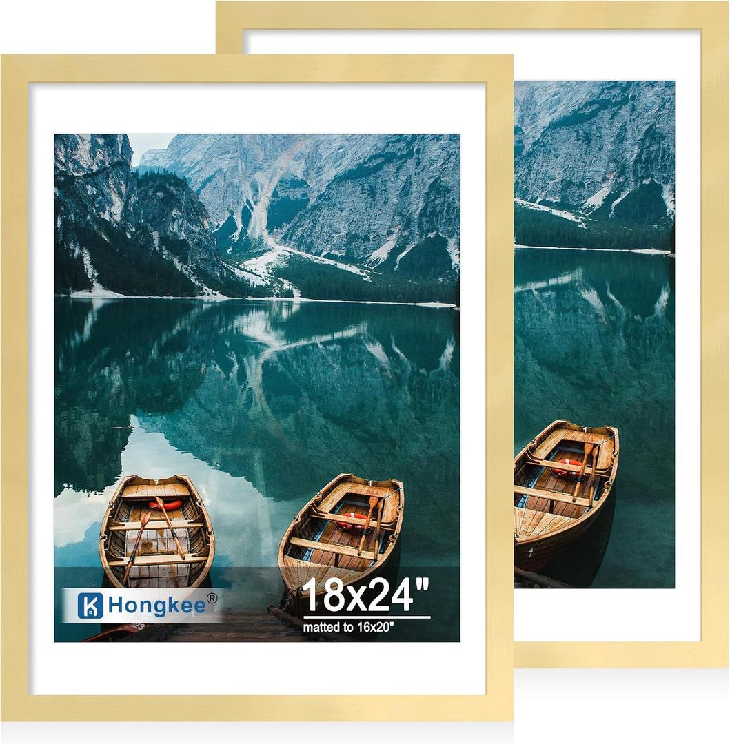 Hongkee 18x24 Frame Set of 2, Gold Wood Style - Display Posters 16 x 20 with Mat or 18x24 without Mat, Wall Mounting Horizontal and Vertical