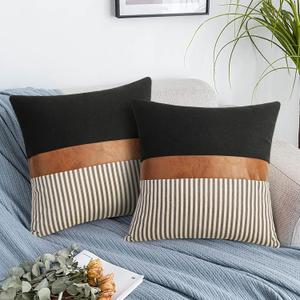 Set of 2 Farmhouse Decor Stripe Patchwork Black Linen Throw Pillow Covers,Modern Tan Faux Leather Accent Pillow Covers 18x18 inch, Grey Stripe