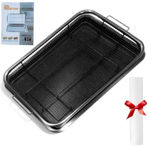 Air Fryer Basket for Oven, 15.6" x 11.6" Extra Large Stainless Steel Air Fryer Tray and Crisper Pan with 50 PCS Parchment Papers, Non-Stick Oven Basket for Baking, Grilling, and Cooking(Black)