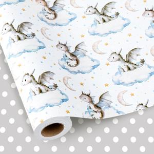 Yarcony Baby Boy Shower Wrapping Paper, Dragon Wrapping Paper, Cute Baby Dragon Theme First Baby Birthday Gift Wrap for Gift Packaging, Kid Celebration, Child Party, Gender Neutral (17 In X 33 Ft) (Green/Grey)