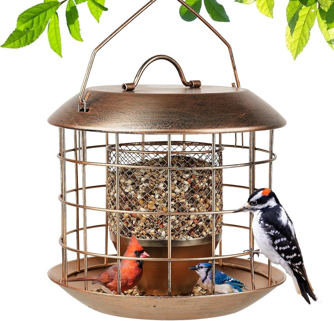 Metal Caged Bird Feeder, Squirrel Proof Bird Feeders for Outdoors Hanging, Wild Bird Feeder for Little Sparrows, Squirrel Chew-Proof Birdfeeder for Outside Backyard Birding Watching Gifts - Bronze