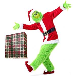Santa Costume Adult.Christmas Costume 7pcs Suit With Green Monster Mask and Red Hat.Christmas Gift Box Packaging