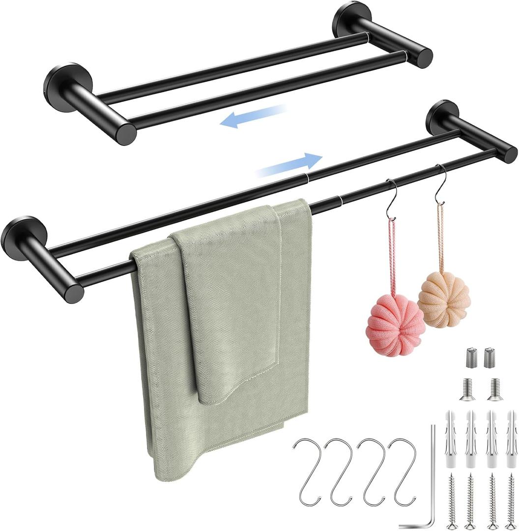 Adjustable Double Bath Towel Bar 16 to 27.6 Inch,ZUEXT Oil Rubbed Black Stainless Steel Towel Holder Hanger, Expandable Wall Mounted Towel Rail for Bathroom Kitchen, 1" Tube Towel Rail Racks w/Hooks