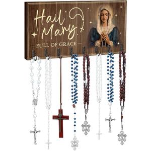 Large Wooden Rosary Holder Wall Mounted with 8 Hangers Catholic Rosary Storage Organizer Decorative Hanger Holder for Necklace, Bracelet Prayer Storage(Classic)