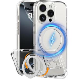 COOLQO for iPhone 16 Pro Max Case, Compatible with MagSafe, 360 Magnetic Ring Holder Silver Stand