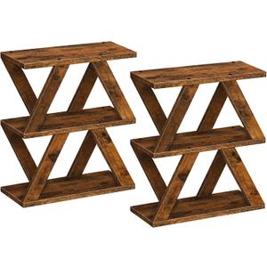 Set of 2 Side Table with Side Guard Rails & Anti-Slip Pads, 3 Tier Narrow End Table for Small Spaces, Slim Nightstand with Storage Shelves for Bedroom, Living Room, Rustic Brown